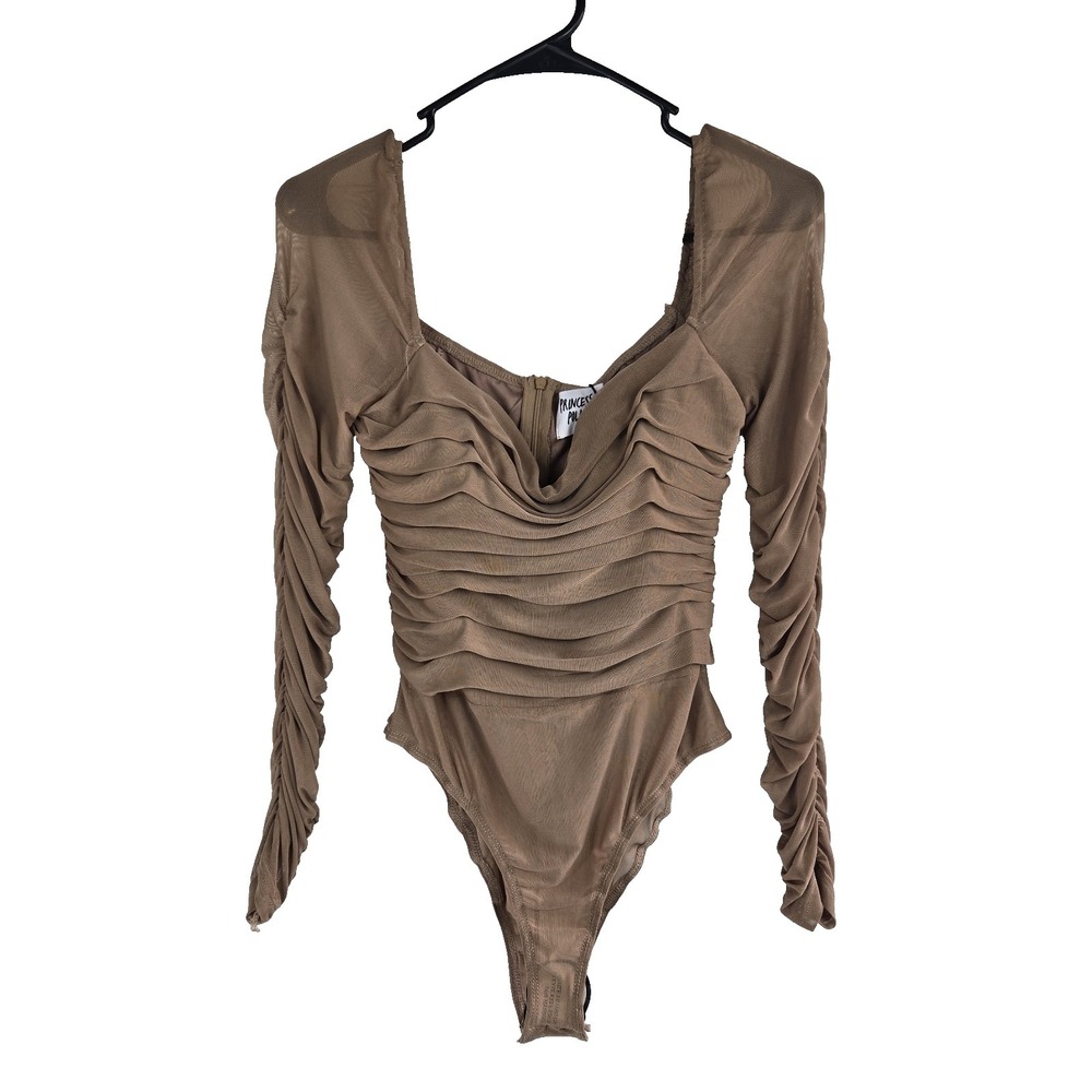 Princess Polly Womens 8 Brown Ruched Mesh Long Sleeve Bodysuit New